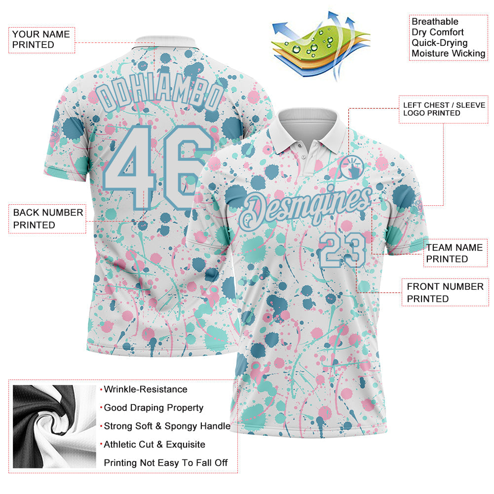 Custom Graffiti Pattern White Shadow Blue Ice Blue-Light Pink Vibrant Multi-Color Abstract Splatter Performance Polo Shirt view 3