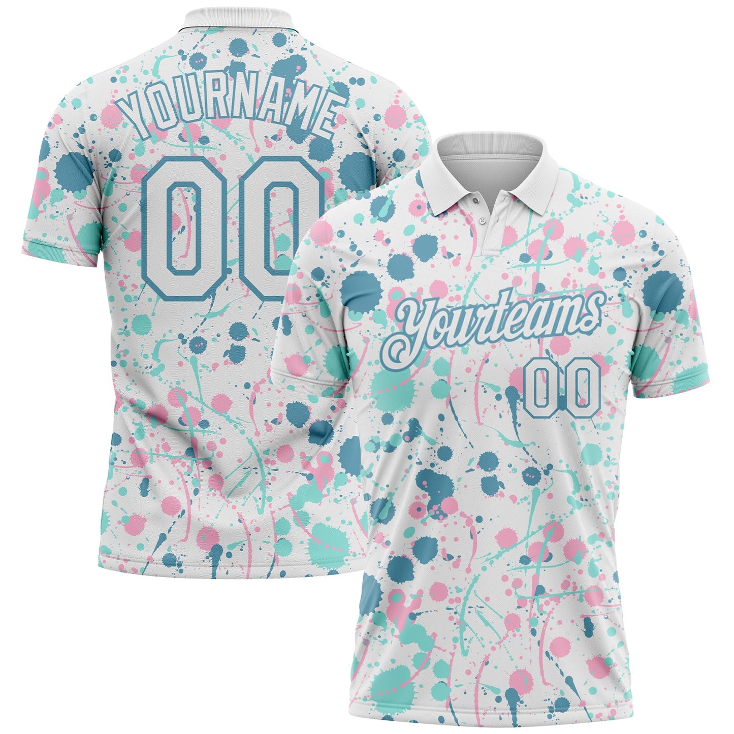 Custom Graffiti Pattern White Shadow Blue Ice Blue-Light Pink Vibrant Multi-Color Abstract Splatter Performance Polo Shirt - Main View
