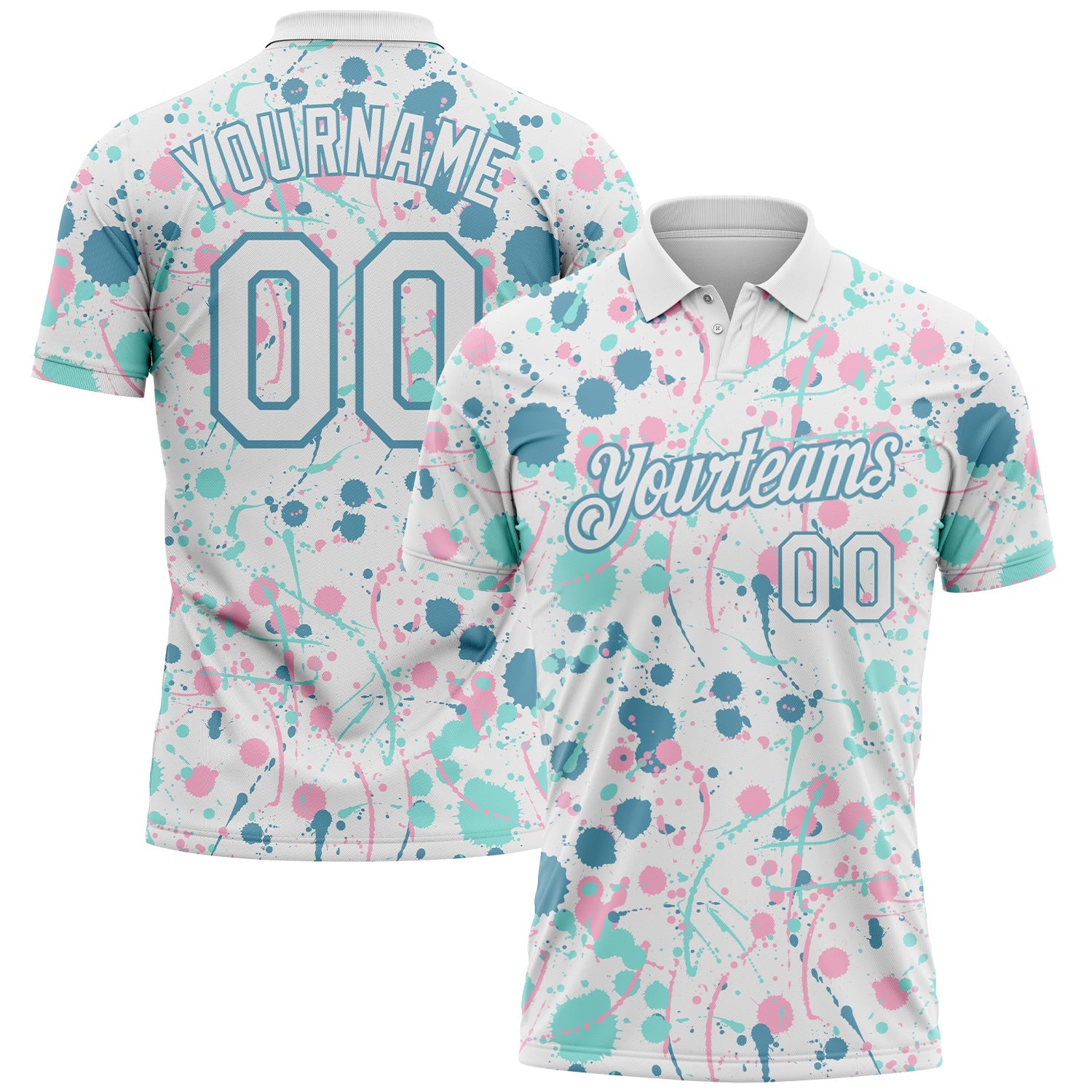 Custom Graffiti Pattern White Shadow Blue Ice Blue-Light Pink Vibrant Multi-Color Abstract Splatter Performance Polo Shirt - Main View
