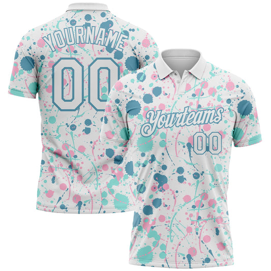 Custom Graffiti Pattern White Shadow Blue Ice Blue-Light Pink Vibrant Multi-Color Abstract Splatter Performance Polo Shirt - Main View