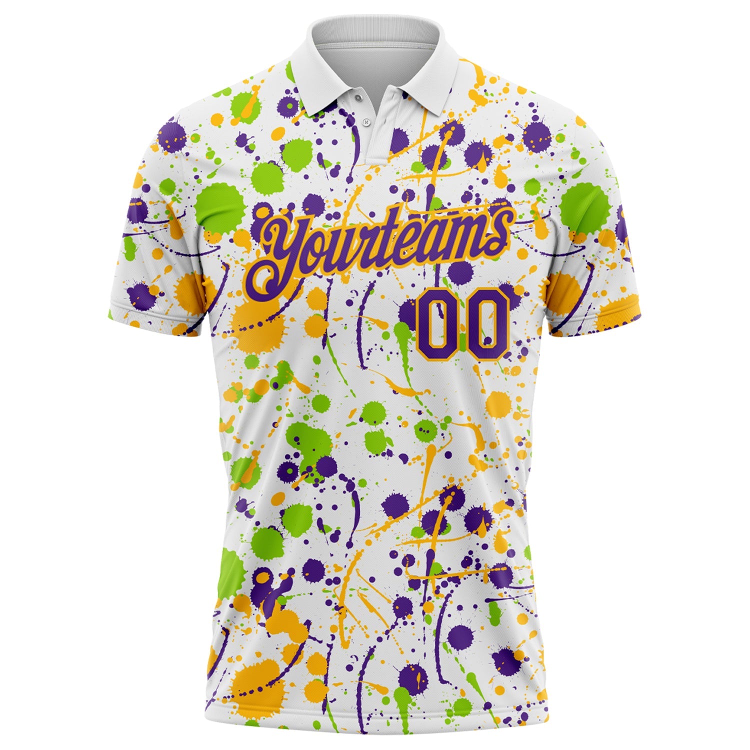 Custom Graffiti Pattern Purple White Neon Green-Gold Vibrant Multi-Color Abstract Splatter Performance Polo Shirt view 2
