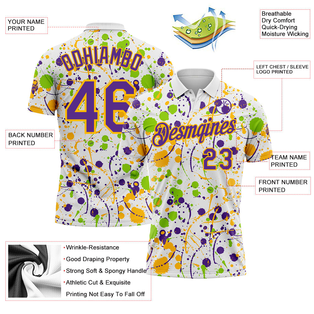 Custom Graffiti Pattern Purple White Neon Green-Gold Vibrant Multi-Color Abstract Splatter Performance Polo Shirt view 3