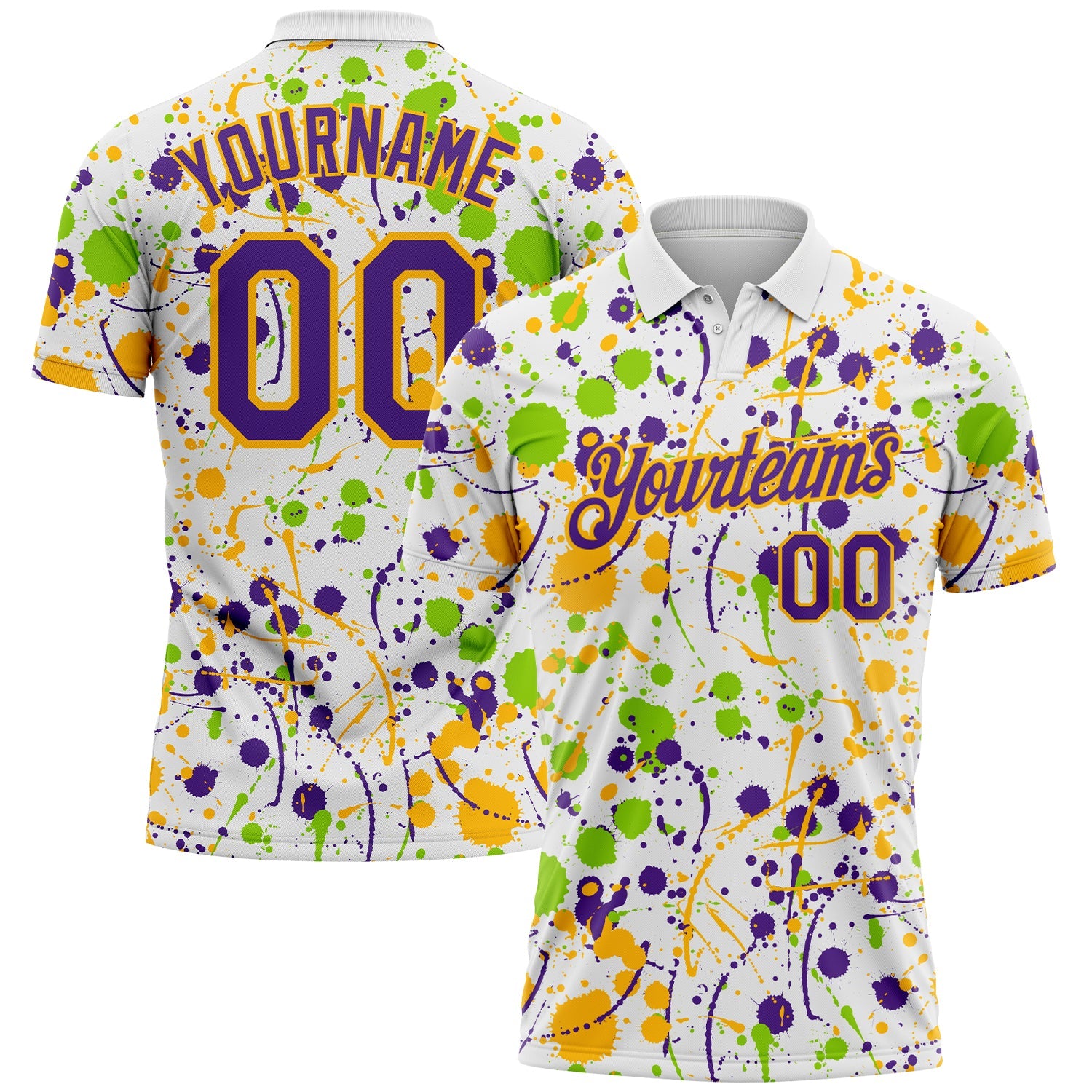 Custom Graffiti Pattern Purple White Neon Green-Gold Vibrant Multi-Color Abstract Splatter Performance Polo Shirt - Main View