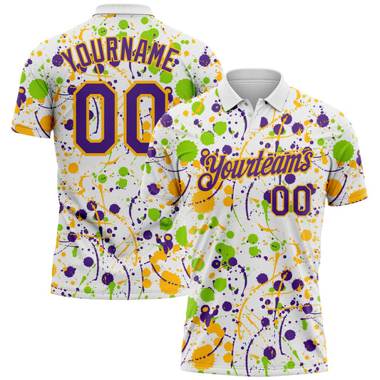 Custom Graffiti Pattern Purple White Neon Green-Gold Vibrant Multi-Color Abstract Splatter Performance Polo Shirt - Main View