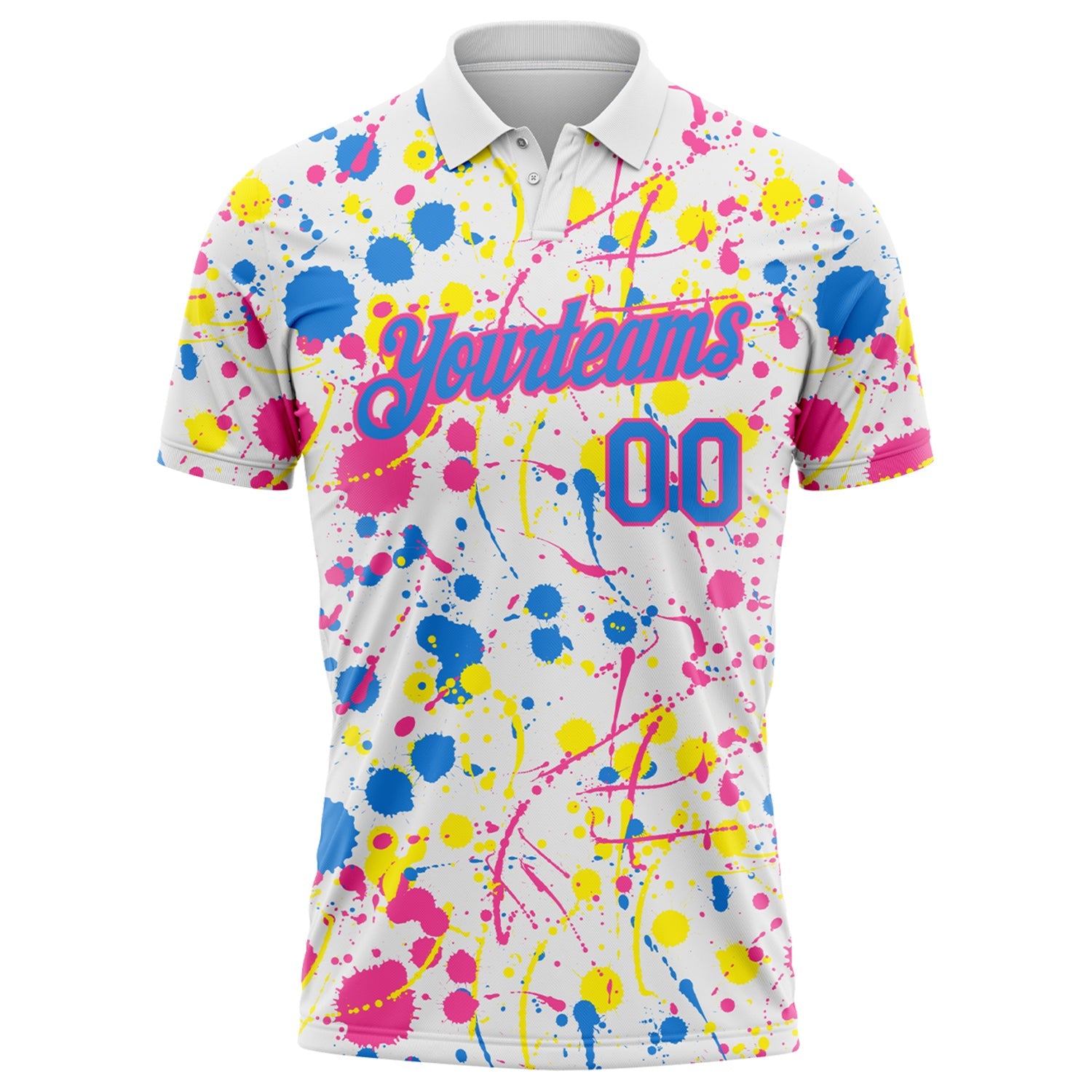 Custom Graffiti Pattern Powder Blue White Pink-Light Yellow Vibrant Multi-Color Abstract Splatter Performance Polo Shirt view 2