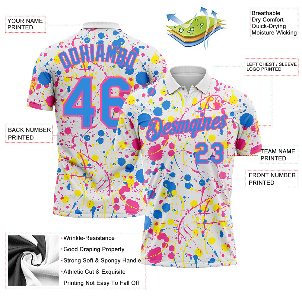 Custom Graffiti Pattern Powder Blue White Pink-Light Yellow Vibrant Multi-Color Abstract Splatter Performance Polo Shirt view 3