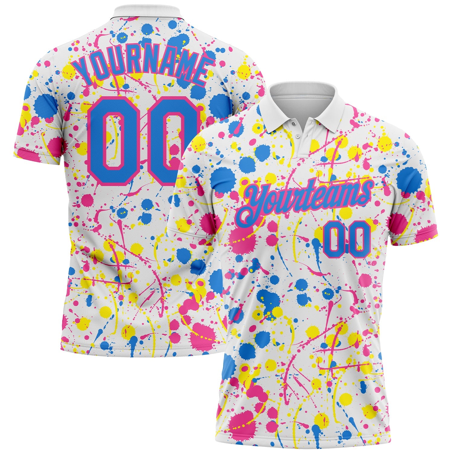 Custom Graffiti Pattern Powder Blue White Pink-Light Yellow Vibrant Multi-Color Abstract Splatter Performance Polo Shirt - Main View