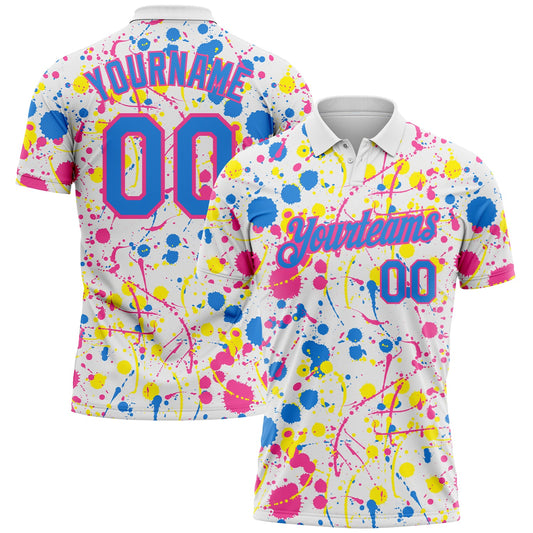 Custom Graffiti Pattern Powder Blue White Pink-Light Yellow Vibrant Multi-Color Abstract Splatter Performance Polo Shirt - Main View