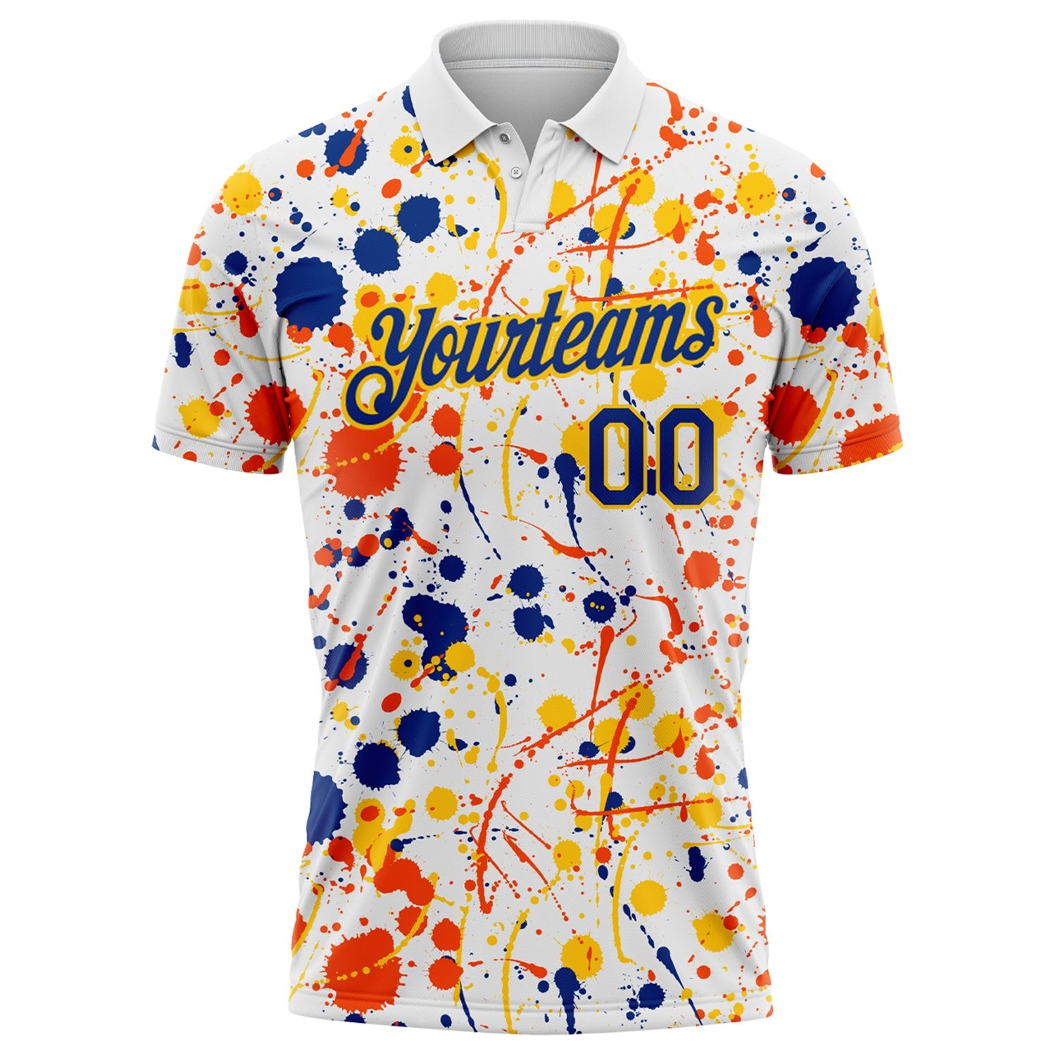Custom Graffiti Pattern Royal White Orange-Yellow Vibrant Multi-Color Abstract Splatter Performance Polo Shirt view 2