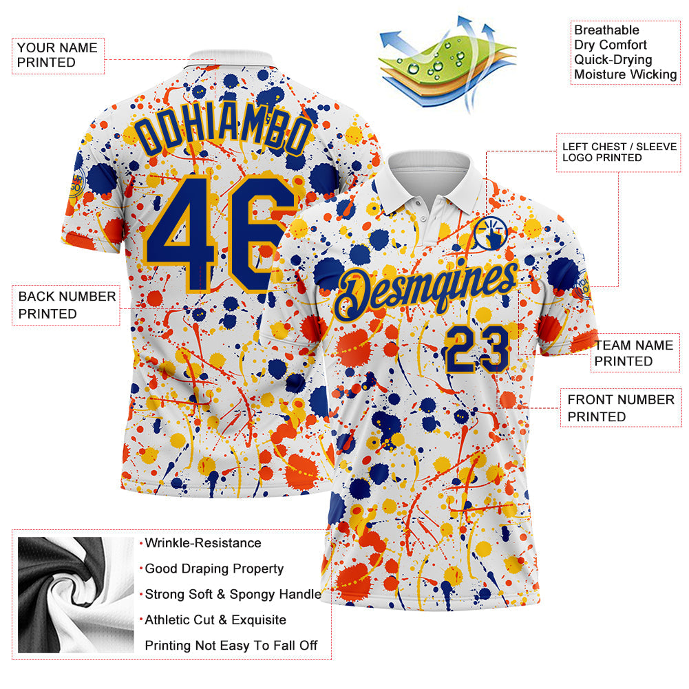 Custom Graffiti Pattern Royal White Orange-Yellow Vibrant Multi-Color Abstract Splatter Performance Polo Shirt view 3