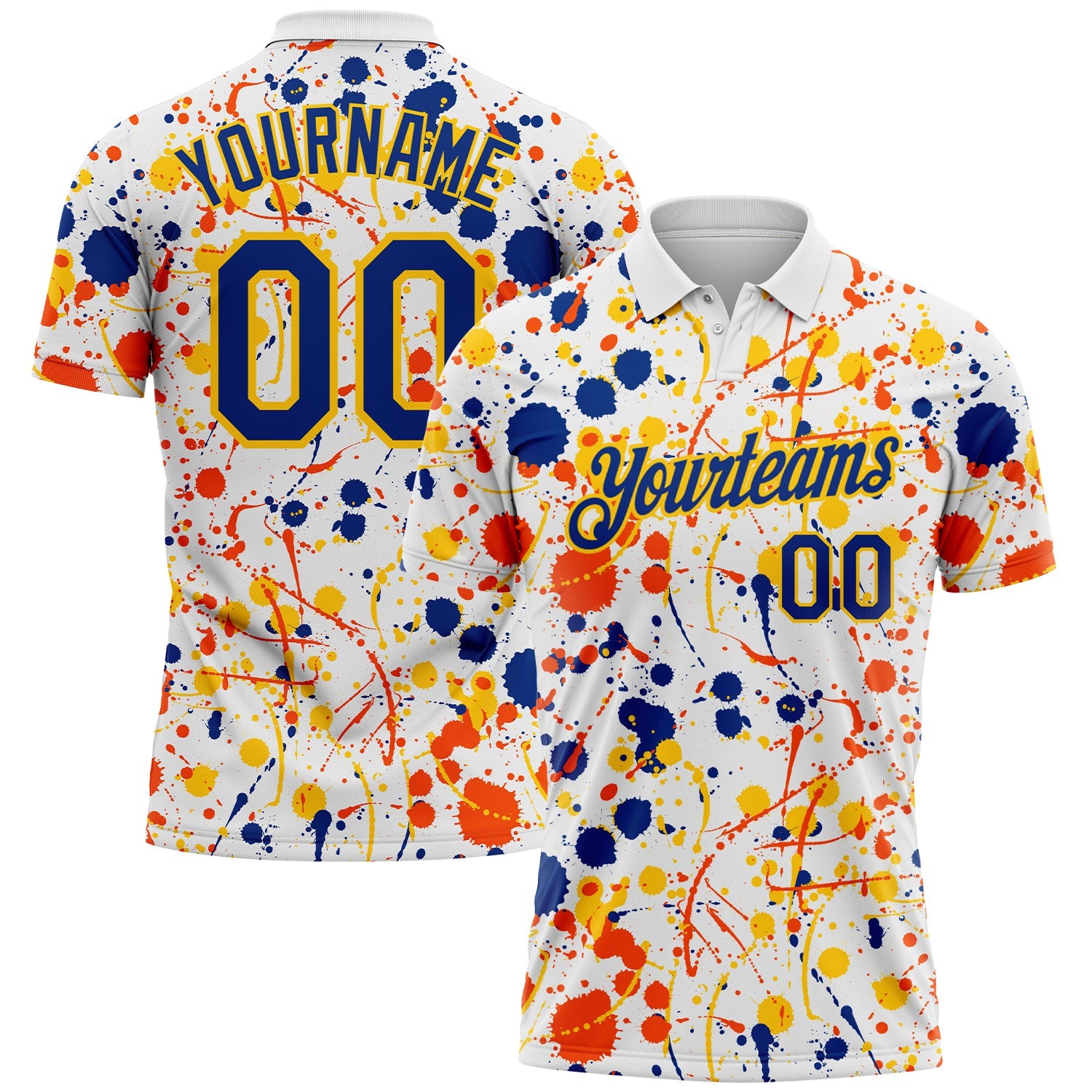 Custom Graffiti Pattern Royal White Orange-Yellow Vibrant Multi-Color Abstract Splatter Performance Polo Shirt - Main View