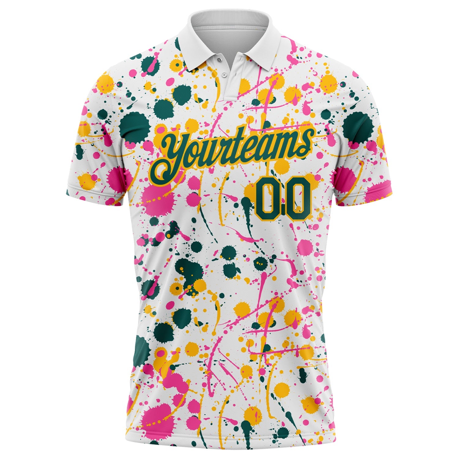 Custom Graffiti Pattern Midnight Green White Pink-Gold Vibrant Multi-Color Abstract Splatter Performance Polo Shirt view 2