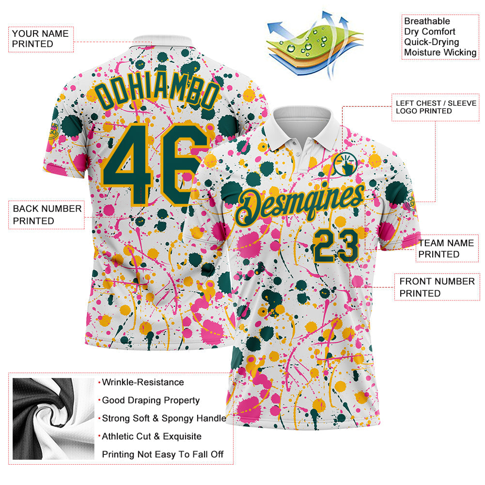 Custom Graffiti Pattern Midnight Green White Pink-Gold Vibrant Multi-Color Abstract Splatter Performance Polo Shirt view 3