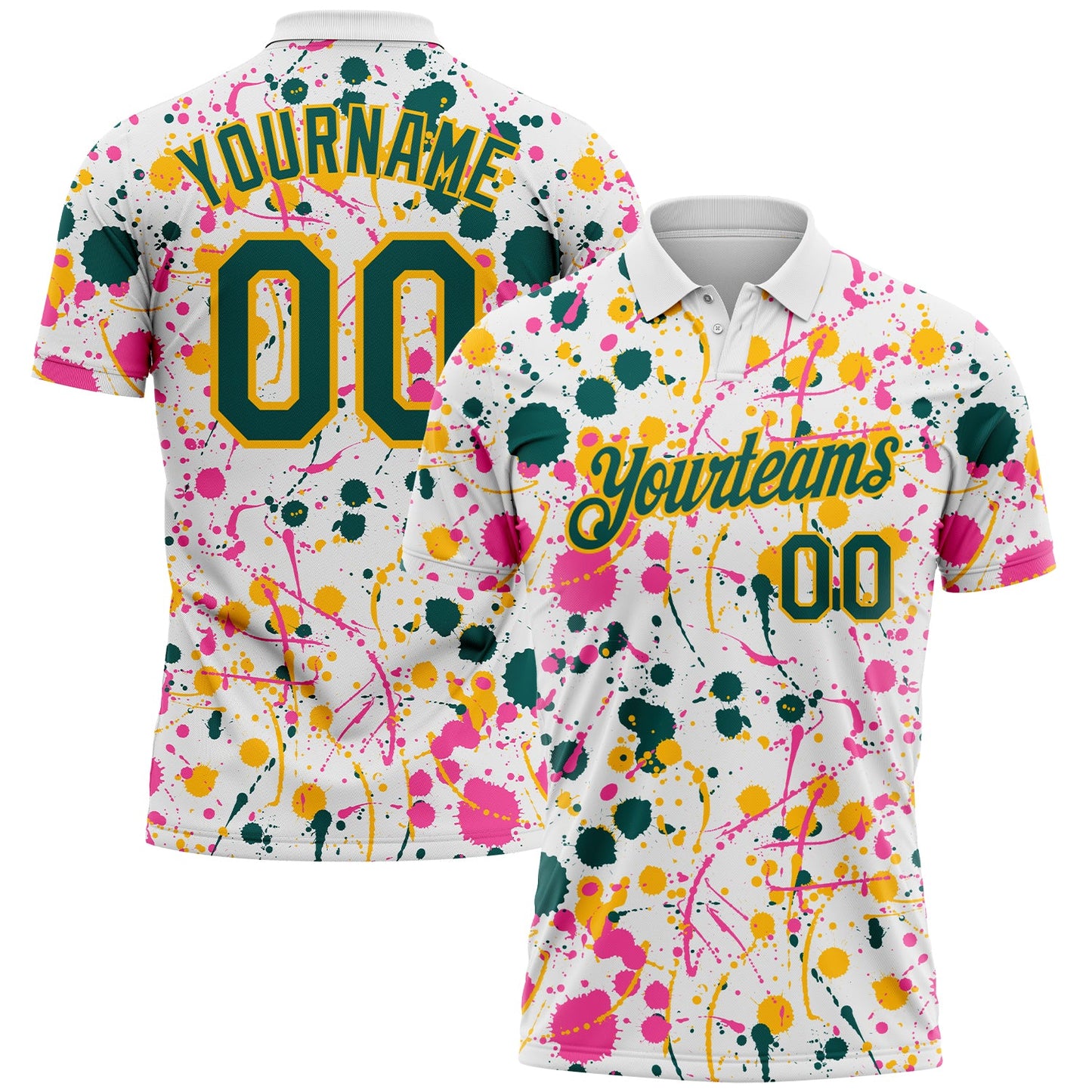 Custom Graffiti Pattern Midnight Green White Pink-Gold Vibrant Multi-Color Abstract Splatter Performance Polo Shirt - Main View
