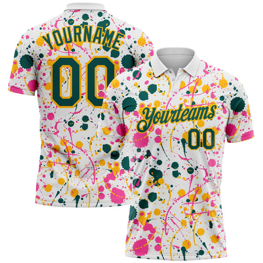Custom Graffiti Pattern Midnight Green White Pink-Gold Vibrant Multi-Color Abstract Splatter Performance Polo Shirt - Main View