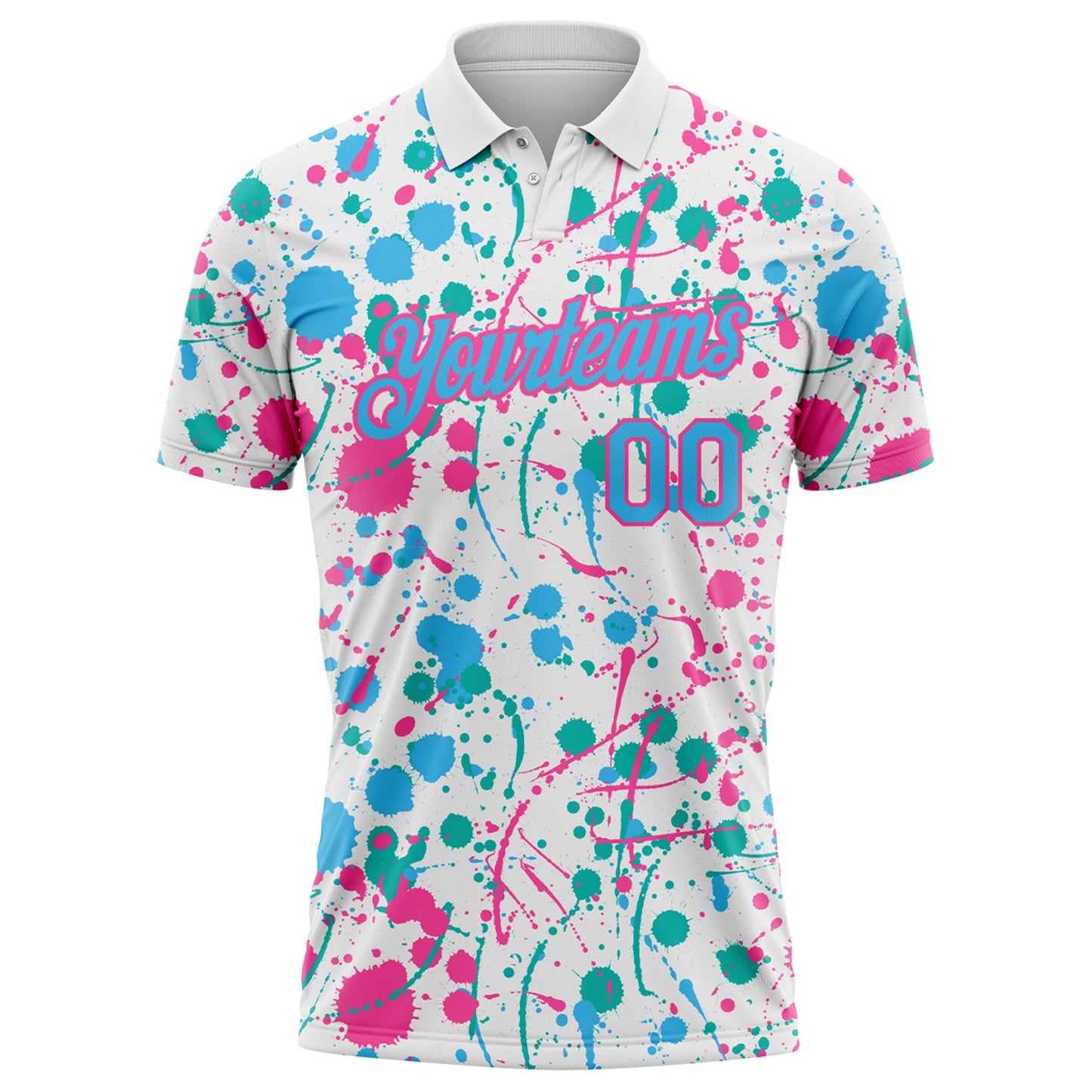 Custom Graffiti Pattern Sky Blue White Pink-Aqua Vibrant Multi-Color Abstract Splatter Performance Polo Shirt view 2