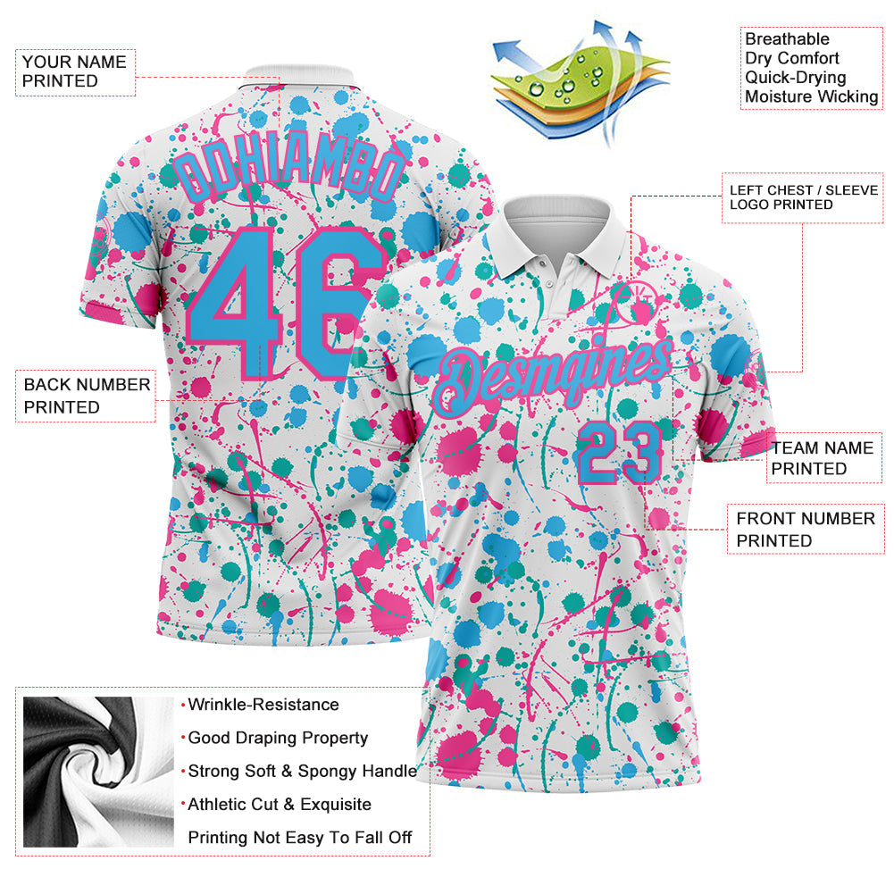Custom Graffiti Pattern Sky Blue White Pink-Aqua Vibrant Multi-Color Abstract Splatter Performance Polo Shirt view 3