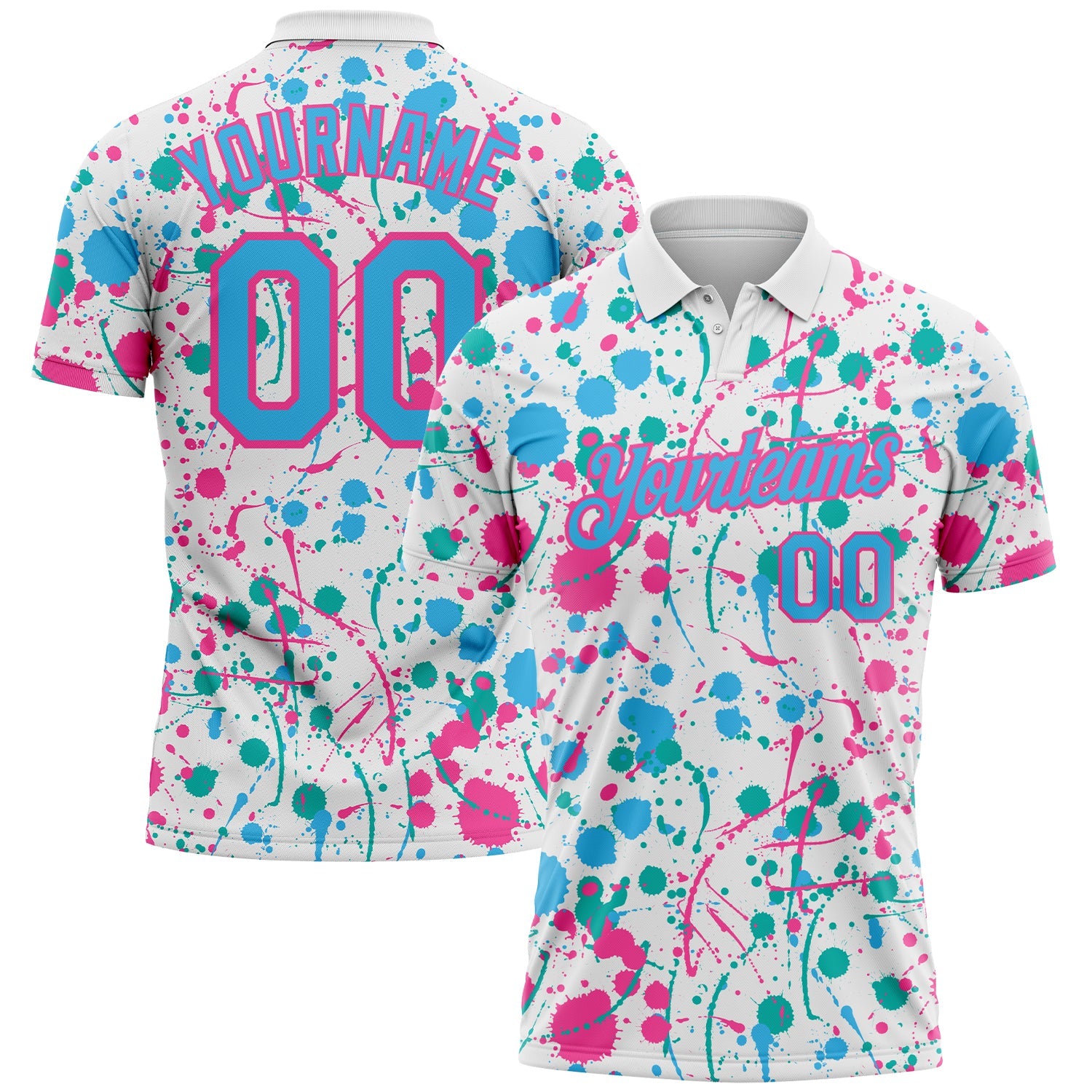 Custom Graffiti Pattern Sky Blue White Pink-Aqua Vibrant Multi-Color Abstract Splatter Performance Polo Shirt - Main View