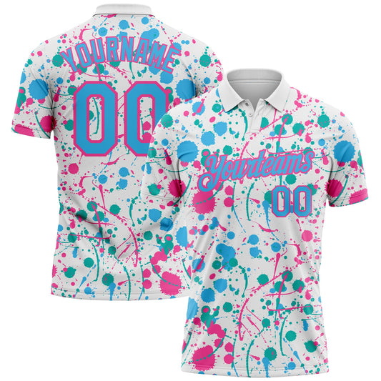 Custom Graffiti Pattern Sky Blue White Pink-Aqua Vibrant Multi-Color Abstract Splatter Performance Polo Shirt - Main View