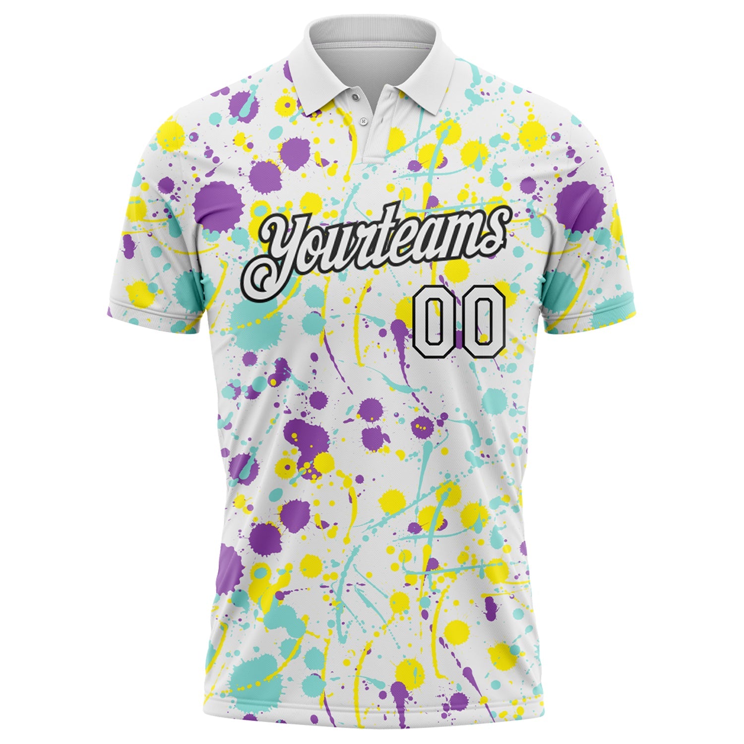 Custom Graffiti Pattern White Medium Purple Ice Blue Light Yellow-Black Vibrant Multi-Color Abstract Splatter Performance Polo Shirt view 2