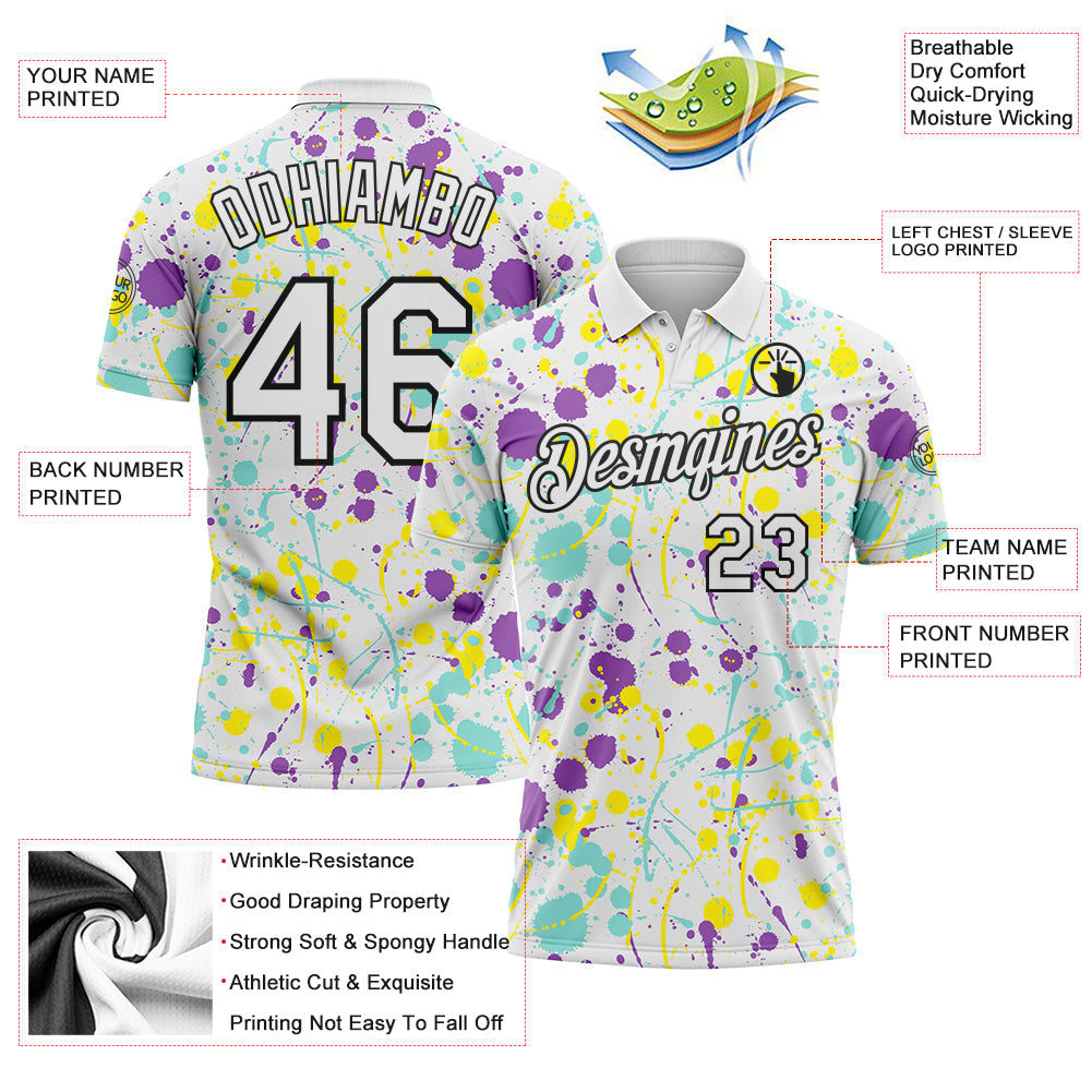 Custom Graffiti Pattern White Medium Purple Ice Blue Light Yellow-Black Vibrant Multi-Color Abstract Splatter Performance Polo Shirt view 3