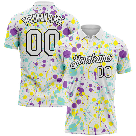 Custom Graffiti Pattern White Medium Purple Ice Blue Light Yellow-Black Vibrant Multi-Color Abstract Splatter Performance Polo Shirt - Main View