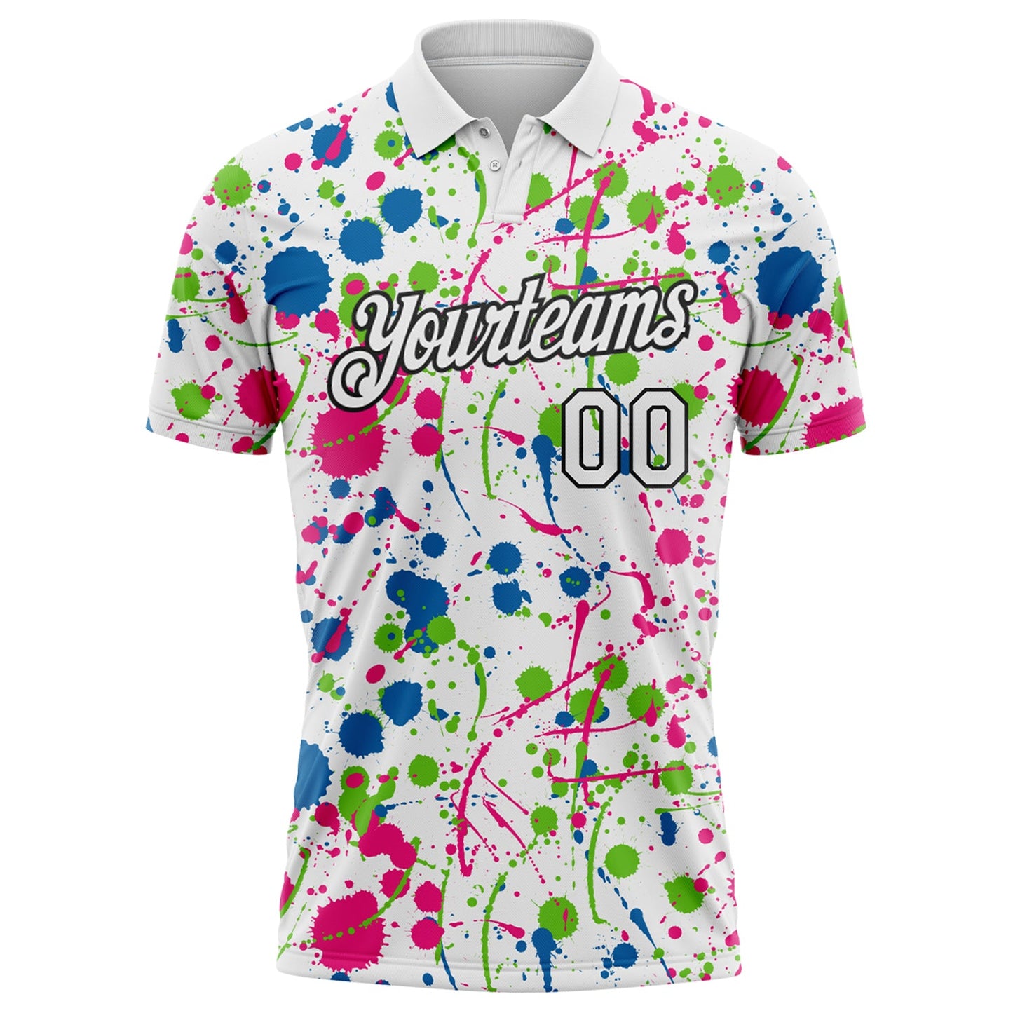 Custom Graffiti Pattern White Blue Hot Pink Aurora Green-Black Vibrant Multi-Color Abstract Splatter Performance Polo Shirt view 2