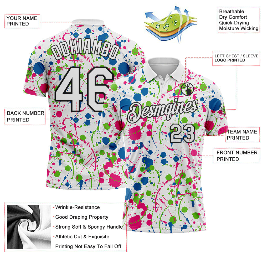Custom Graffiti Pattern White Blue Hot Pink Aurora Green-Black Vibrant Multi-Color Abstract Splatter Performance Polo Shirt view 3
