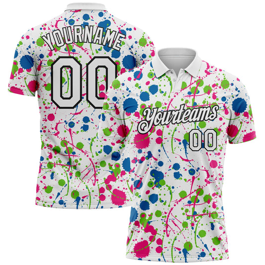 Custom Graffiti Pattern White Blue Hot Pink Aurora Green-Black Vibrant Multi-Color Abstract Splatter Performance Polo Shirt - Main View