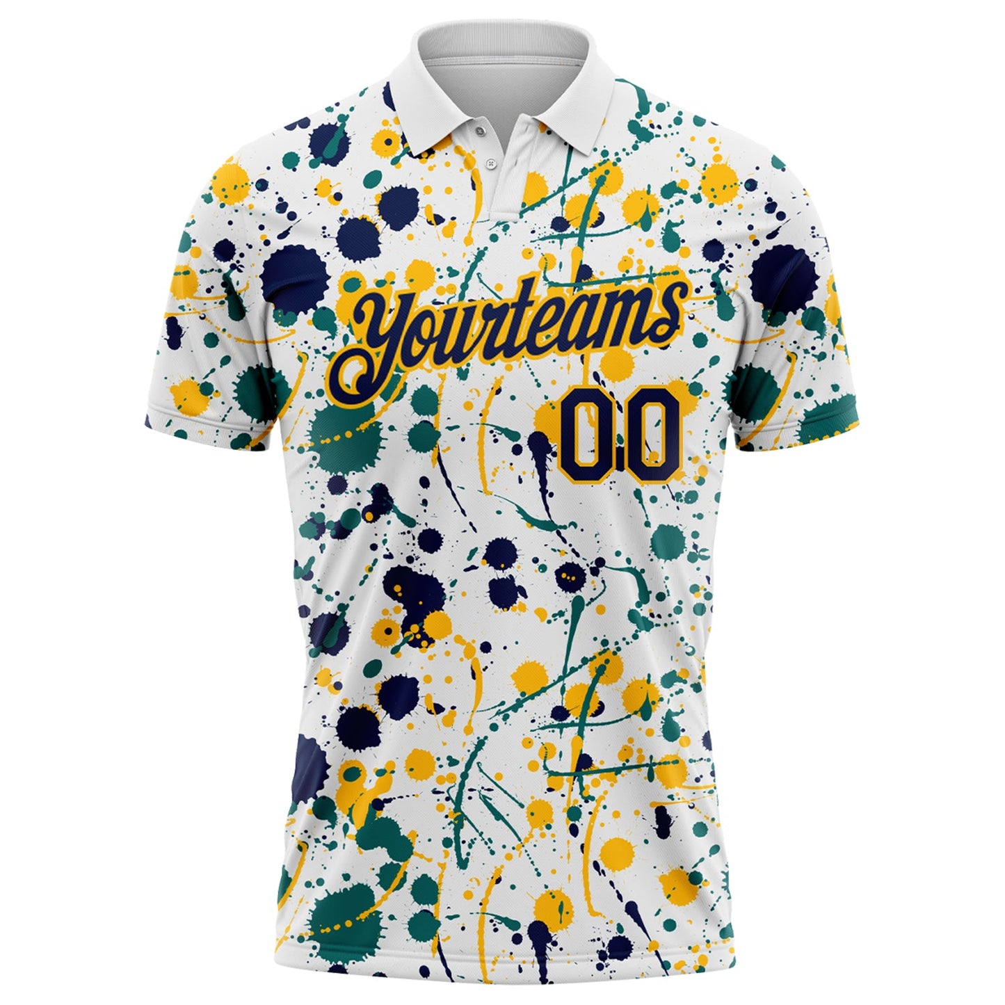 Custom Graffiti Pattern Navy White Teal-Gold Vibrant Multi-Color Abstract Splatter Performance Polo Shirt view 2