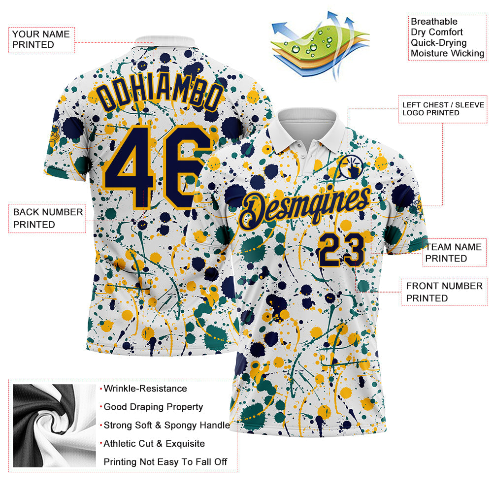 Custom Graffiti Pattern Navy White Teal-Gold Vibrant Multi-Color Abstract Splatter Performance Polo Shirt view 3