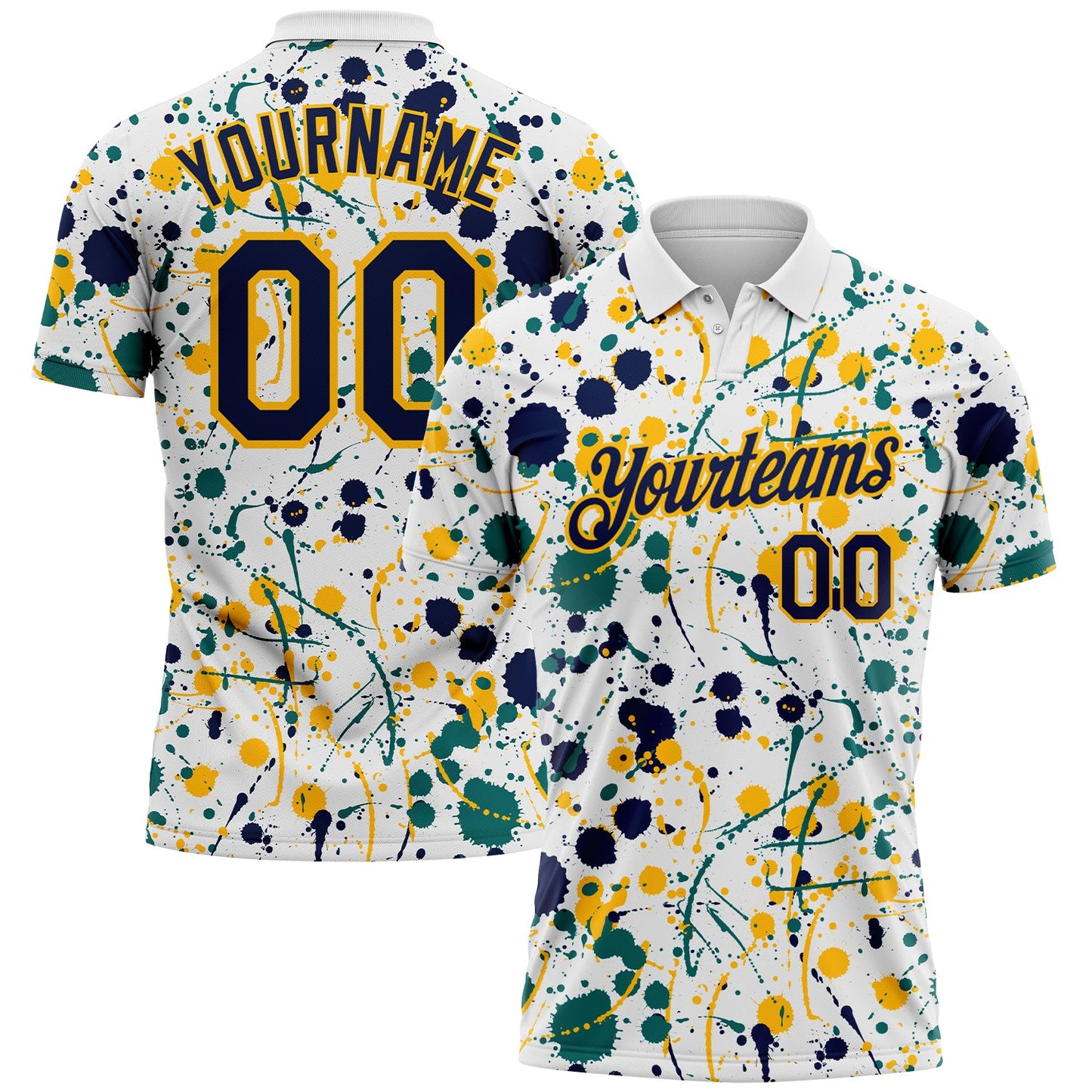 Custom Graffiti Pattern Navy White Teal-Gold Vibrant Multi-Color Abstract Splatter Performance Polo Shirt - Main View
