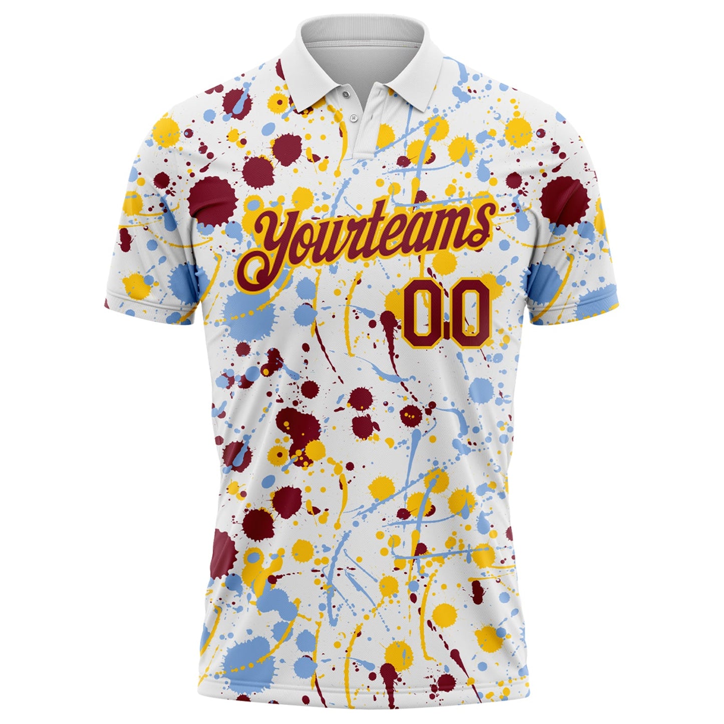 Custom Graffiti Pattern Crimson White Light Blue-Yellow Vibrant Multi-Color Abstract Splatter Performance Polo Shirt view 2