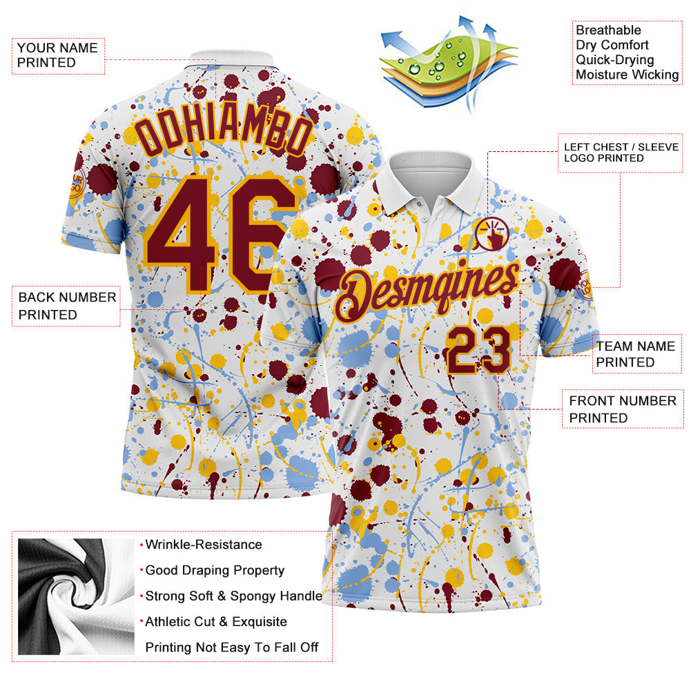 Custom Graffiti Pattern Crimson White Light Blue-Yellow Vibrant Multi-Color Abstract Splatter Performance Polo Shirt view 3