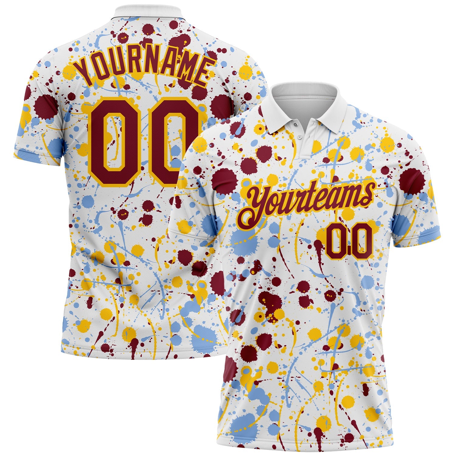 Custom Graffiti Pattern Crimson White Light Blue-Yellow Vibrant Multi-Color Abstract Splatter Performance Polo Shirt - Main View