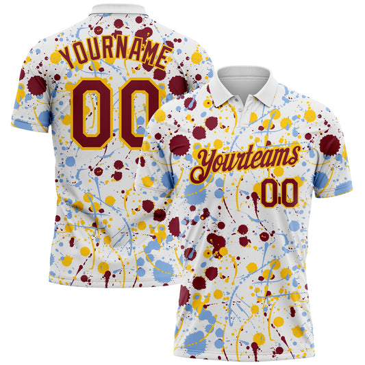 Custom Graffiti Pattern Crimson White Light Blue-Yellow Vibrant Multi-Color Abstract Splatter Performance Polo Shirt - Main View