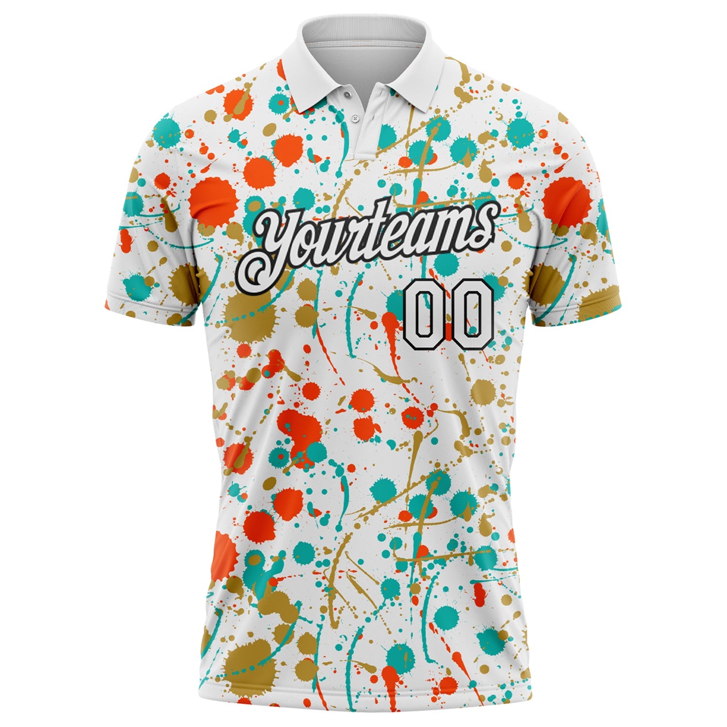 Custom Graffiti Pattern White Orange Old Gold Aqua-Black Vibrant Multi-Color Abstract Splatter Performance Polo Shirt view 2