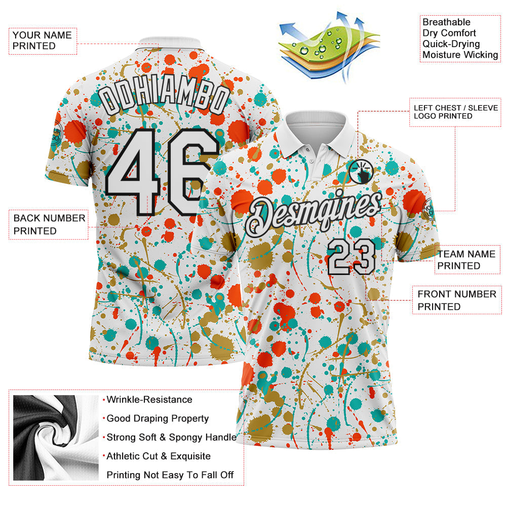 Custom Graffiti Pattern White Orange Old Gold Aqua-Black Vibrant Multi-Color Abstract Splatter Performance Polo Shirt view 3