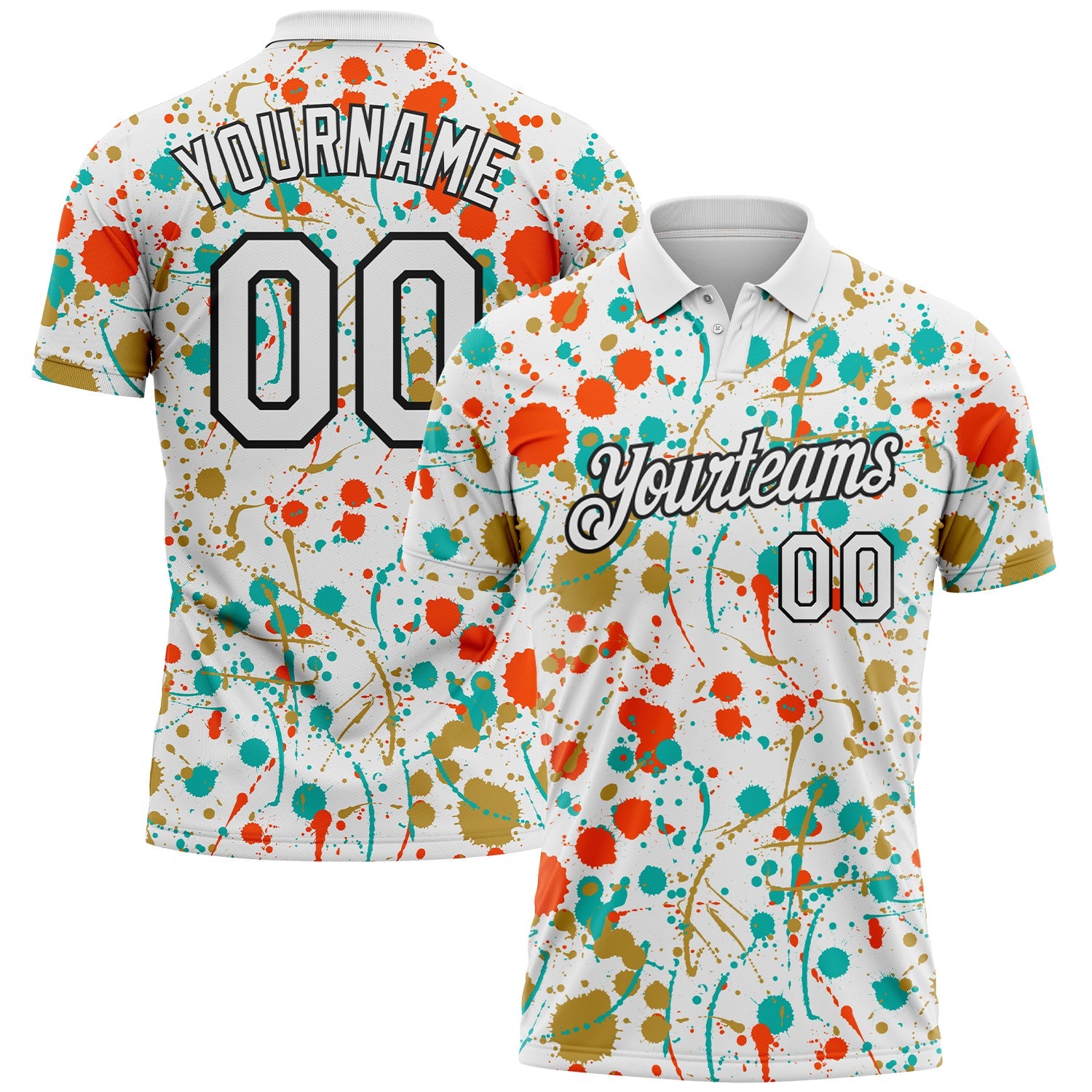 Custom Graffiti Pattern White Orange Old Gold Aqua-Black Vibrant Multi-Color Abstract Splatter Performance Polo Shirt - Main View
