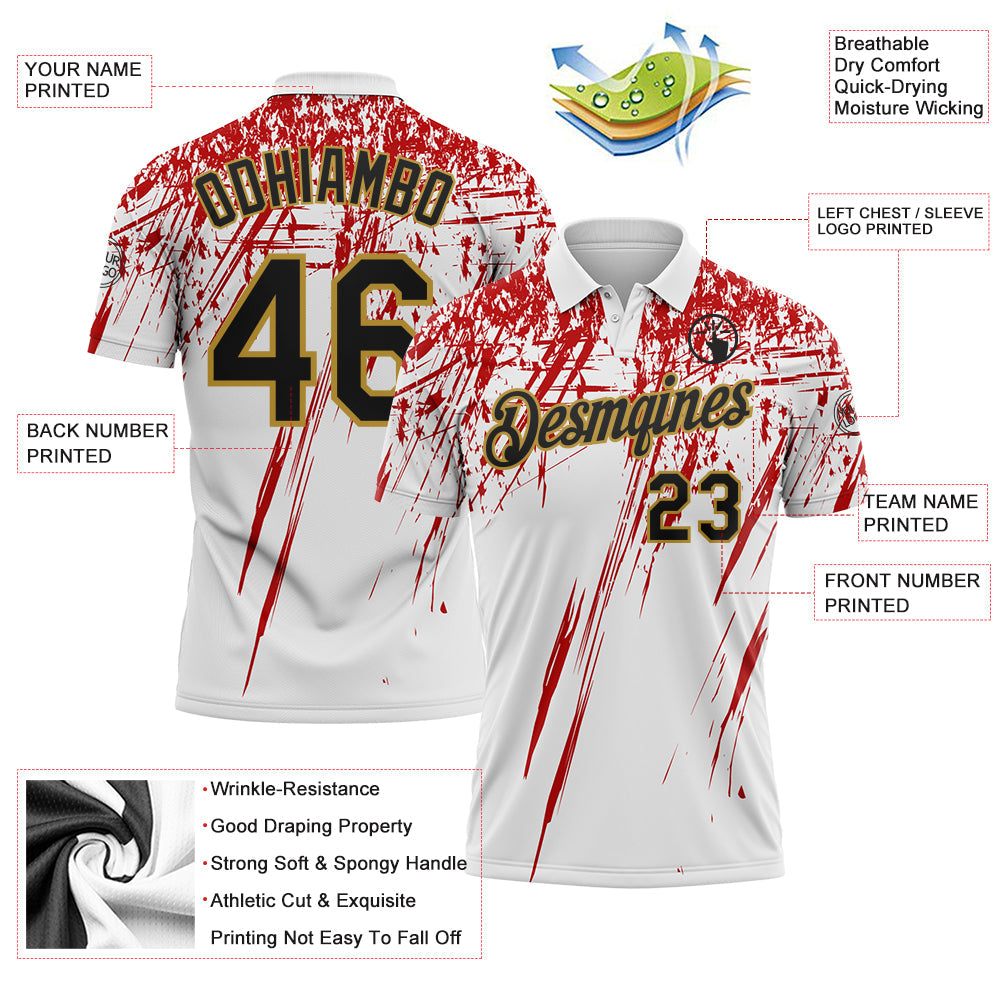 Custom White Black Red-Old Gold Distressed Scratch Brush Stroke Performance Polo Shirt view 3