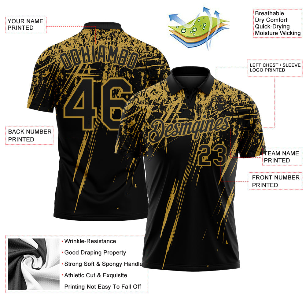 Custom Black-Old Gold Distressed Scratch Brush Stroke Performance Polo Shirt view 3