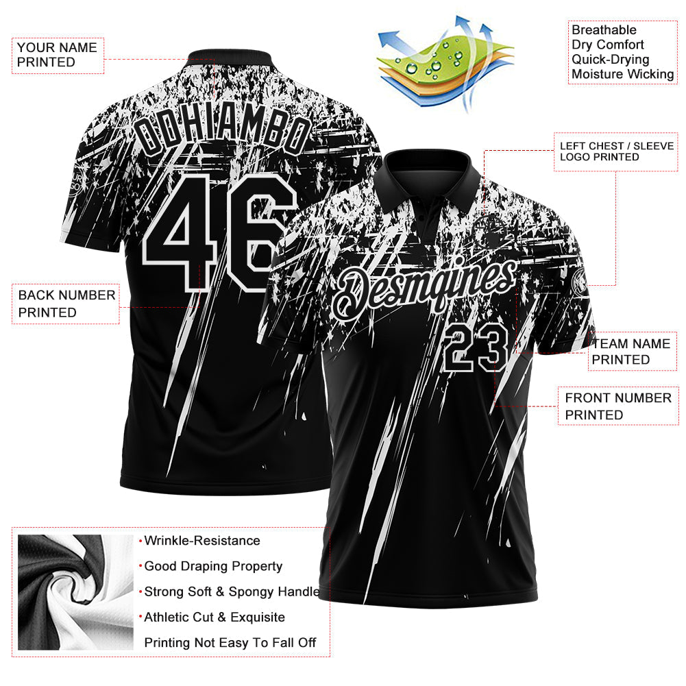 Custom Black-White Distressed Scratch Brush Stroke Performance Polo Shirt view 3
