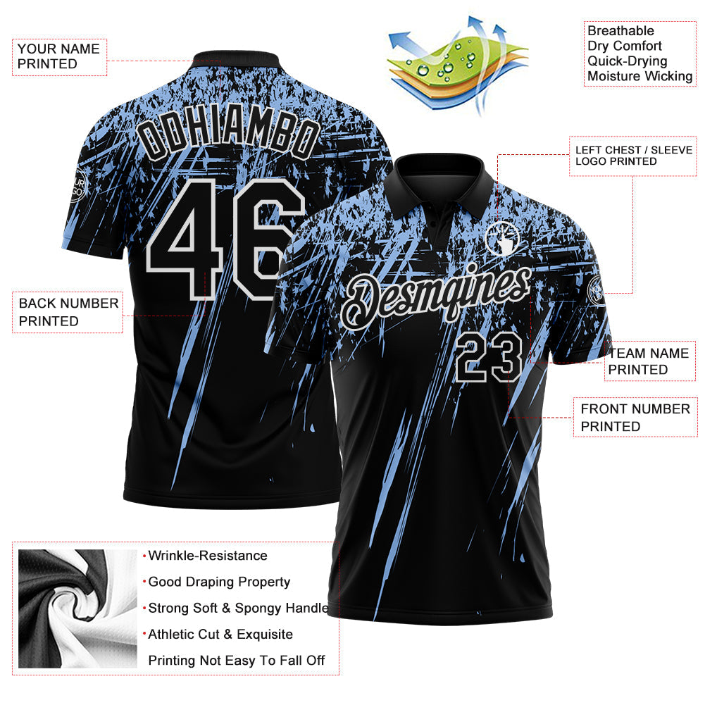 Custom Black Light Blue-White Distressed Scratch Brush Stroke Performance Polo Shirt view 3
