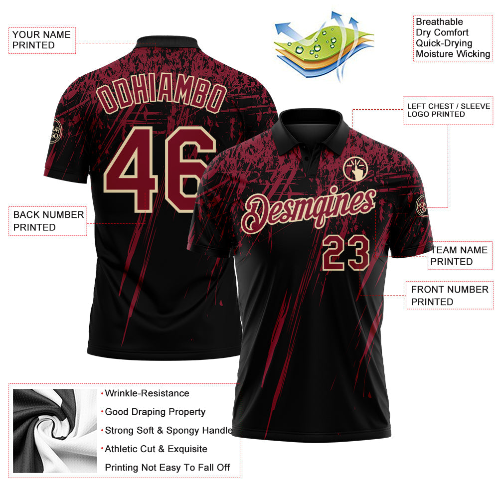Custom Black Crimson-Cream Distressed Scratch Brush Stroke Performance Polo Shirt view 3