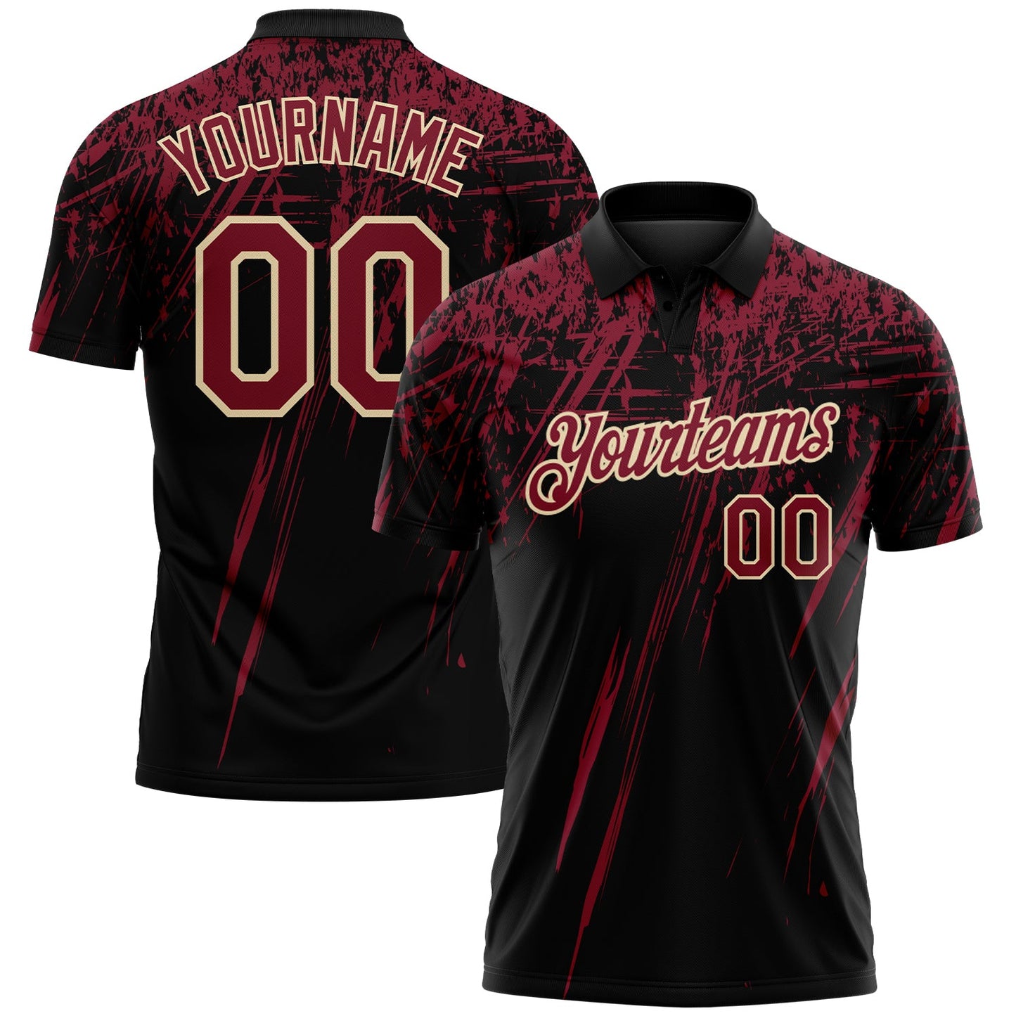 Custom Black Crimson-Cream Distressed Scratch Brush Stroke Performance Polo Shirt - Main View