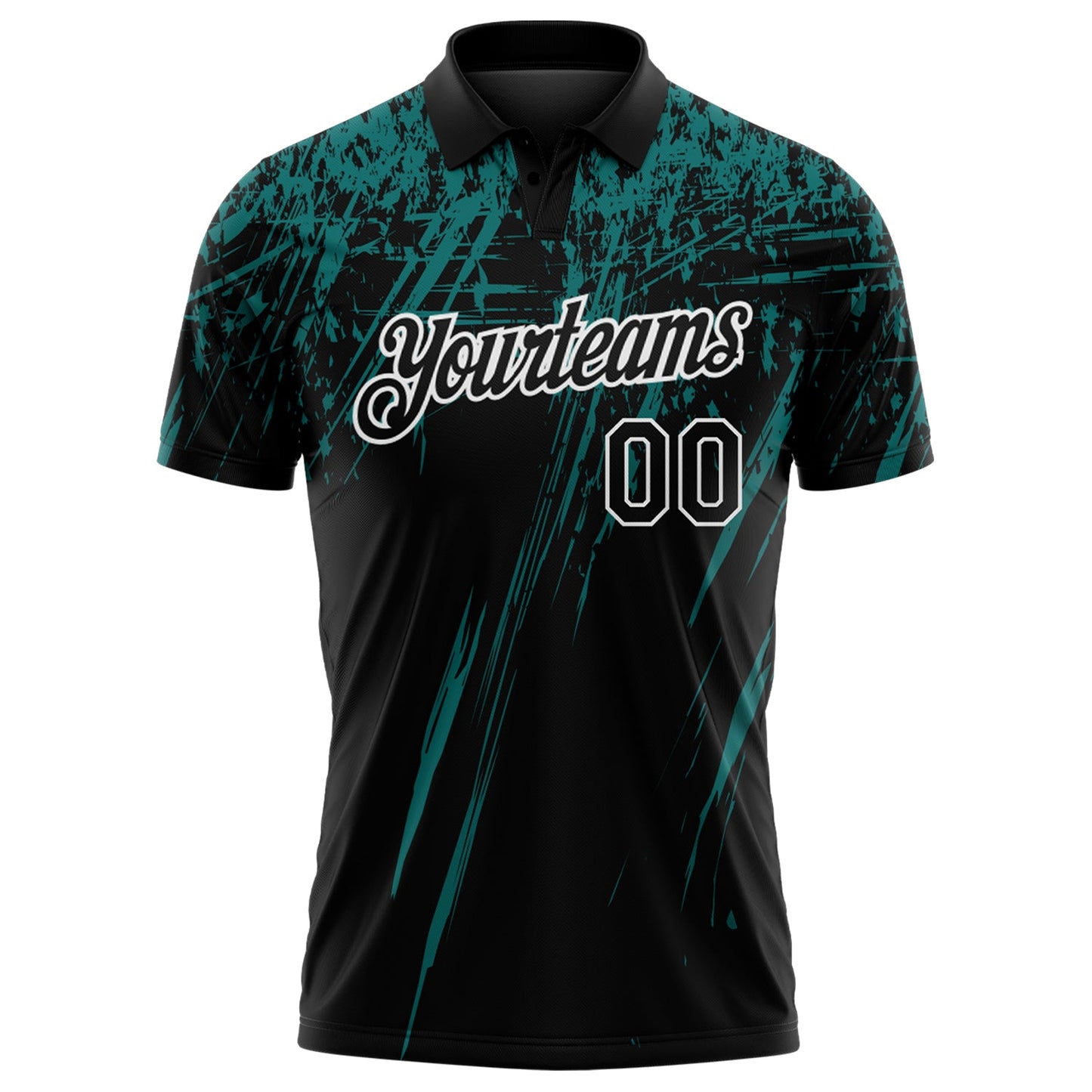 Custom Black Teal-White Distressed Scratch Brush Stroke Performance Polo Shirt view 2