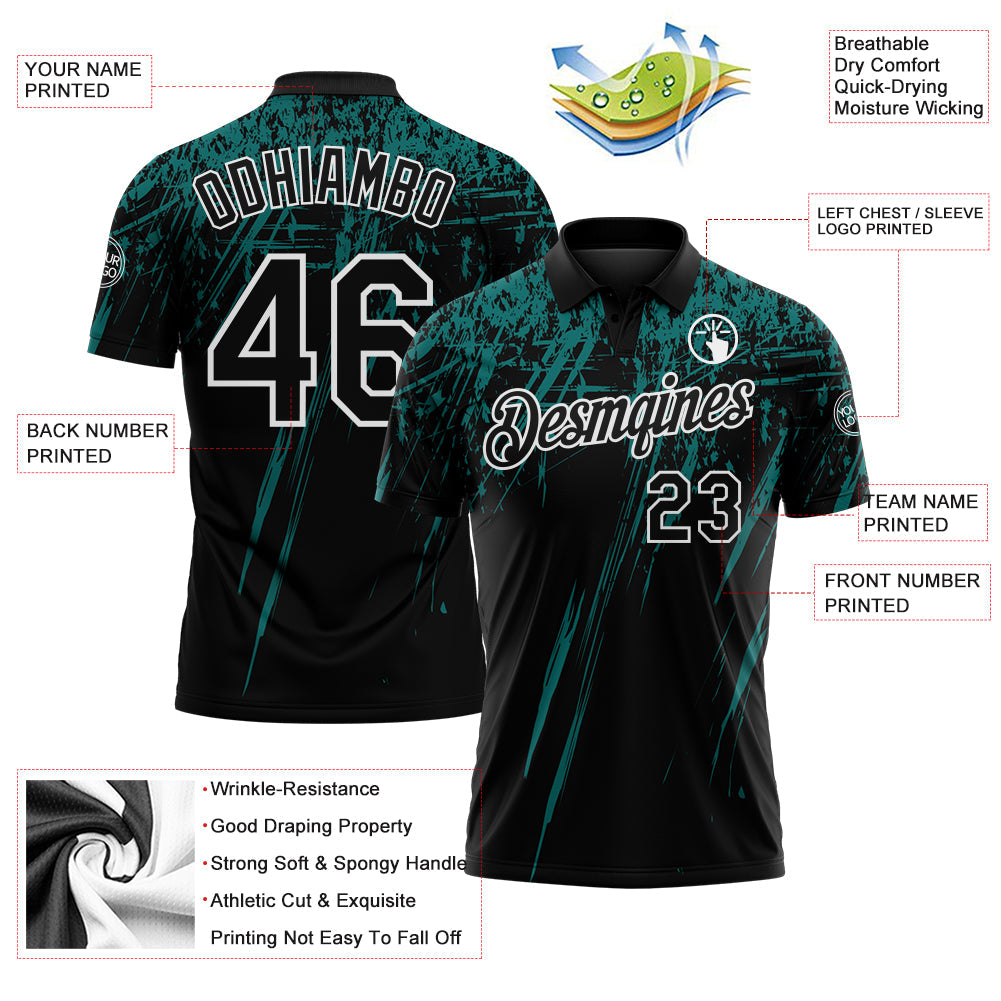 Custom Black Teal-White Distressed Scratch Brush Stroke Performance Polo Shirt view 3