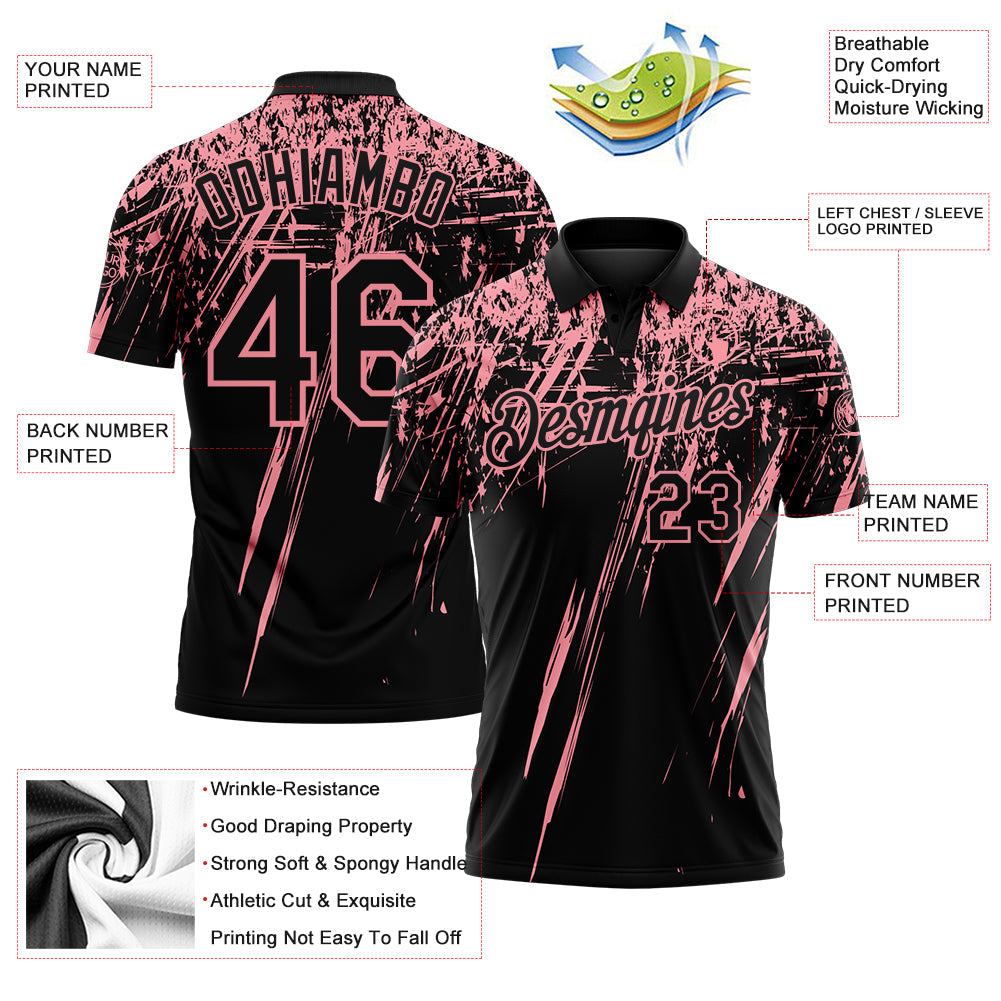 Custom Black-Medium Pink Distressed Scratch Brush Stroke Performance Polo Shirt view 3