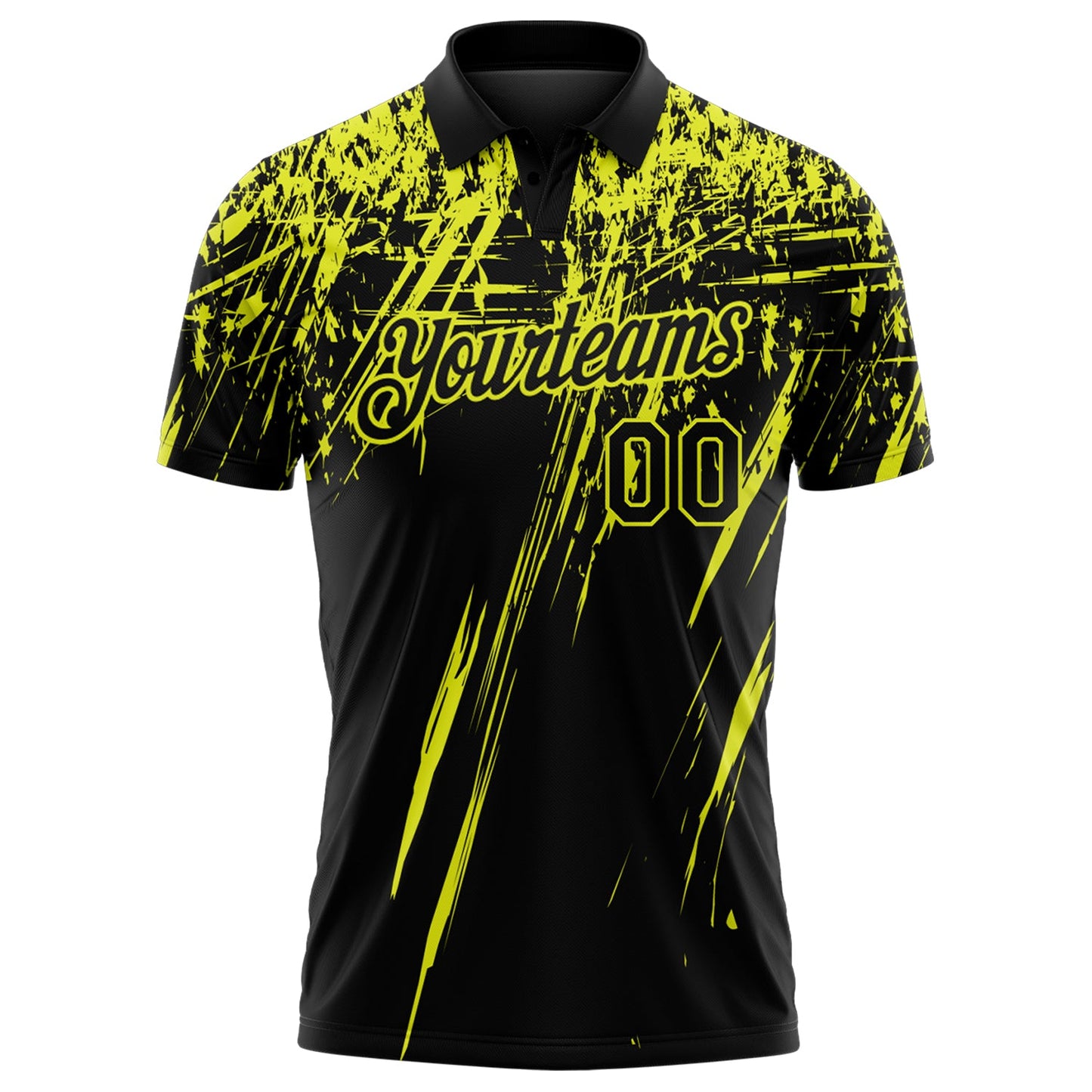 Custom Black-Neon Yellow Distressed Scratch Brush Stroke Performance Polo Shirt view 2