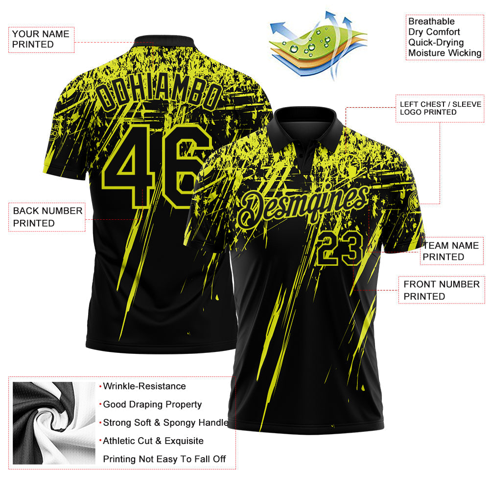 Custom Black-Neon Yellow Distressed Scratch Brush Stroke Performance Polo Shirt view 3